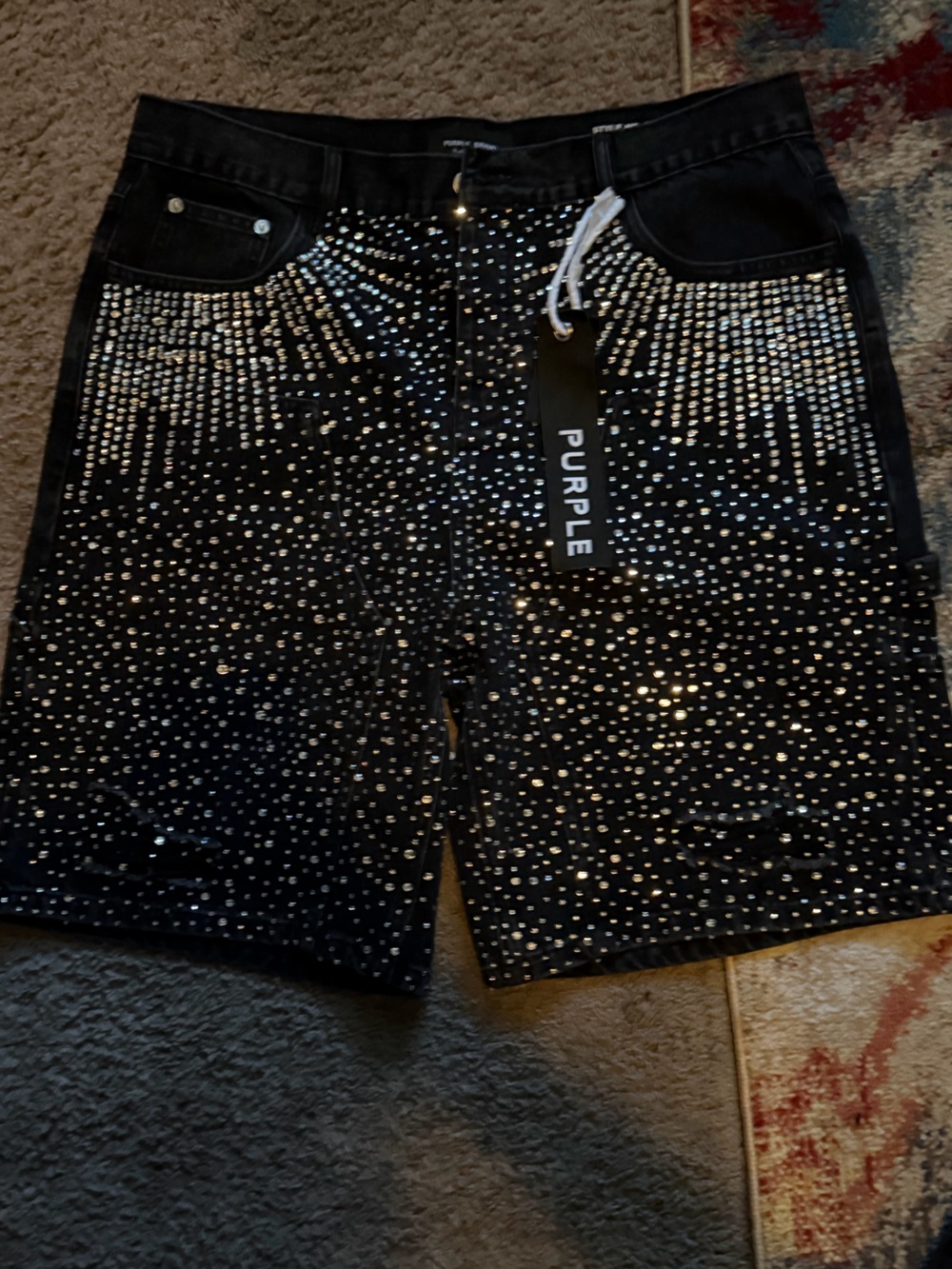 PURPLE Men's Black Jean Shorts with Rhinestone Embellishment